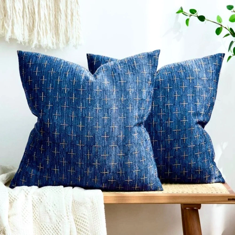 Luxury Home | Rustic Navy Blue Woven Embroidered Linen Blend Throw Pillow Covers